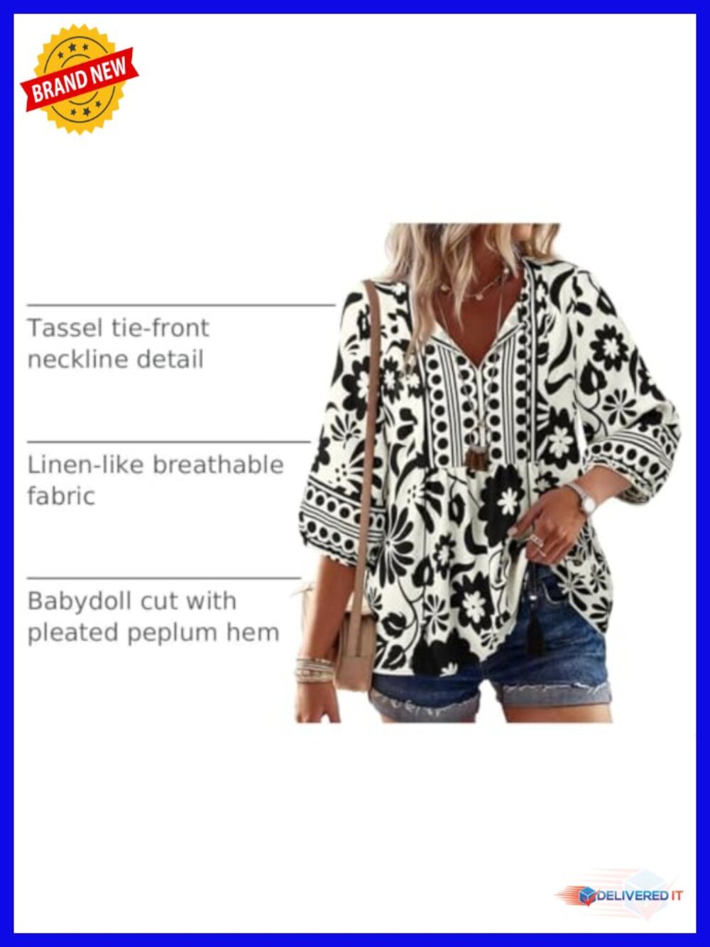 Boho Floral Babydoll Tunic Blouse 3/4 Lantern Sleeve Peplum Tie Front - Picture 3 of 6